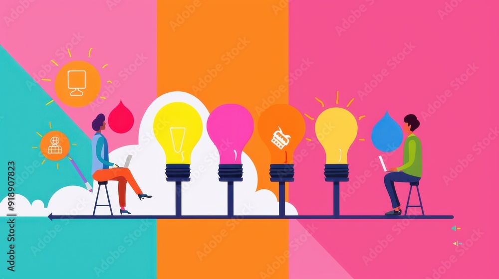 Wall mural creative brainstorming session with colorful light bulbs representing ideas and collaboration in a v