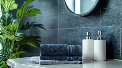 A modern bathroom in sleek navy tones with a navy towel, a white soap dispenser, a silver mirror, a gray bath mat, and a green plant, creating a sophisticated and stylish environment