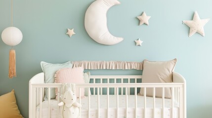Cozy nursery featuring a crib with soft pillows and whimsical decor, creating a peaceful environment for a baby.