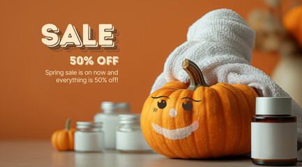 A pumpkin with a face and a towel on its head, created with the help of generative AI technology.