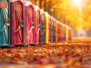 Colorful portable toilets lined up in an autumn landscape with fallen leaves and warm sunlight illuminating the scene.