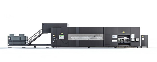 A modern factory in sleek black tones with a black machine, a silver conveyor belt, a white control panel, a gray safety helmet, and a green emergency exit sign, offering a sophisticated and efficient