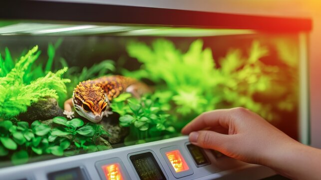 close-up of a hand adjusting the temperature of a leopard gecko terrarium with green plants and artificial rocks