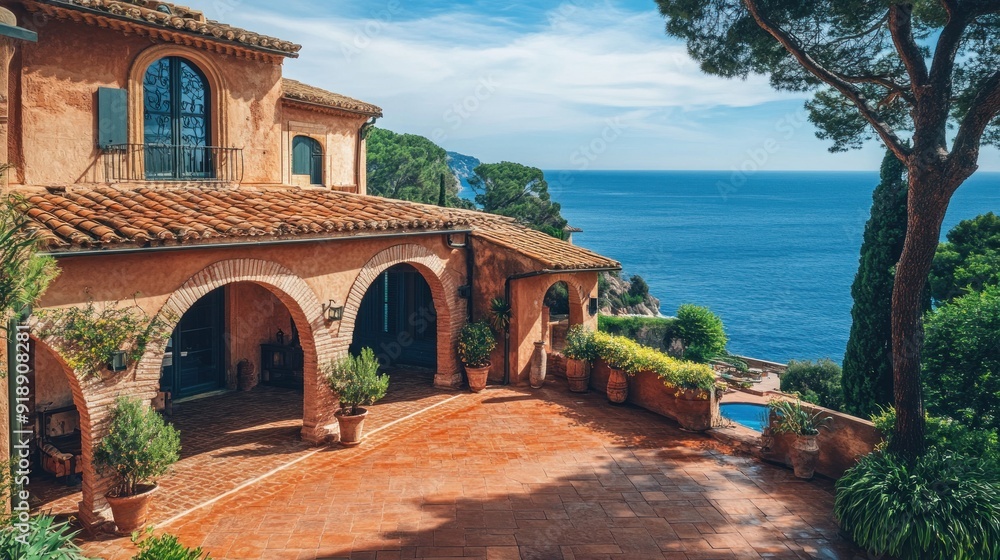 Poster Mediterranean Villa Patio with Ocean View