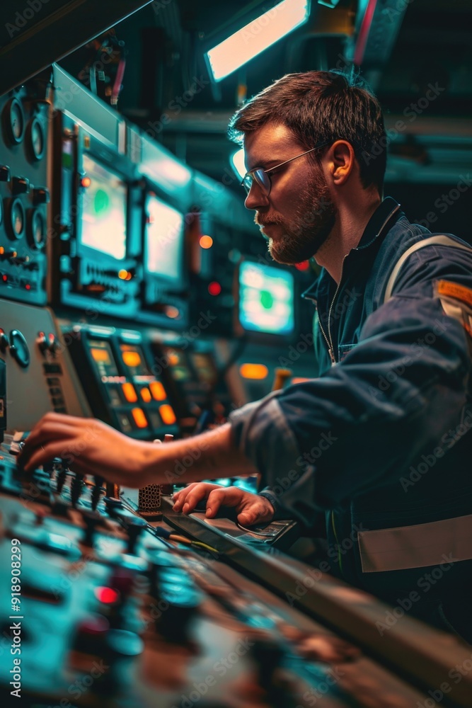 Aufkleber a person working on a control panel in a control room, one phrase about what pictured on image and a