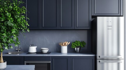 A modern kitchen in sleek navy tones with a navy countertop, a silver fridge, a white teapot, a gray bowl, and a green plant, creating a contemporary and stylish look