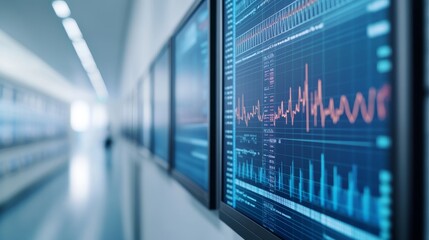 modern office corridor with large monitors displaying data and graphs, technology innovation and digital transformation concept.