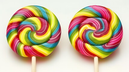 Two Rainbow Swirl Lollipops on a White Background