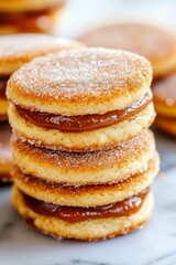 stack of cinnamon sugar coated cookies filled with a rich, caramel like dulce de leche spread