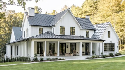 Obraz premium White Farmhouse with Black Windows and Metal Roof