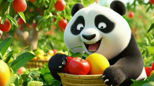 3D funny cartoon of a Panda  Agriculture, fruit and healthy food High quality HD 4K video clips