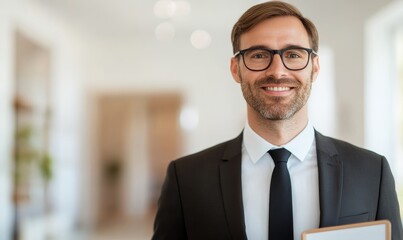 Fototapeta premium confident businessman smiling in suit with glasses holding a folder in office corridor
