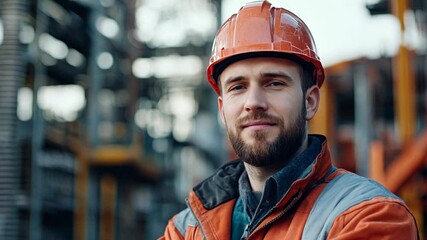 Construction worker in safety gear posing at a job site during daylight in an industrial area