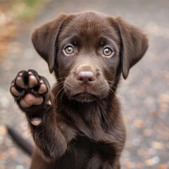 Dark brown puppy retriever with paw. 