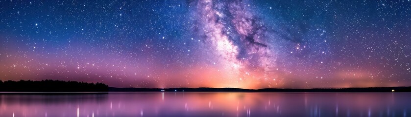 Fototapeta premium A stunning night sky view filled with stars and the Milky Way reflecting over a calm lake, creating a serene atmosphere.