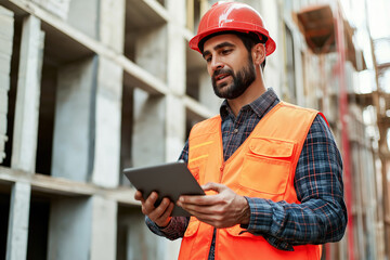 A construction worker in an orange vest and red hard hat holding a tablet on a construction site, representing modern technology in building projects.