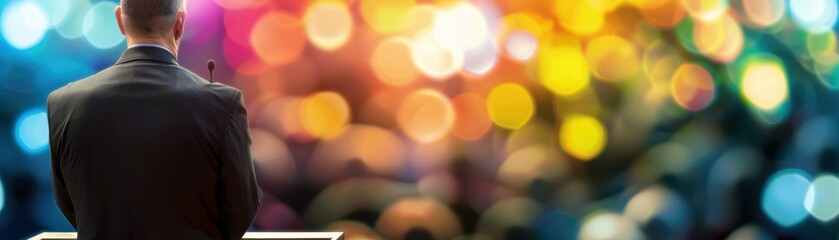 A silhouette of a man standing against a vibrant, colorful bokeh background, ideal for presentations and creative projects.