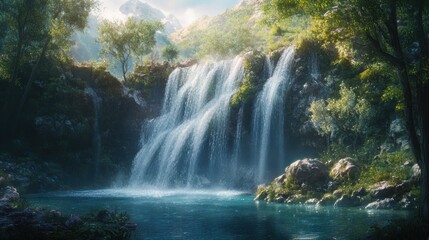 Lush Green Forest Waterfall and Pool