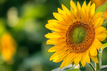 Obraz premium Close-up of a vibrant sunflower in full bloom, showcasing intricate patterns and vivid yellow petals against a blurred natural background, perfect for nature-related themes.
