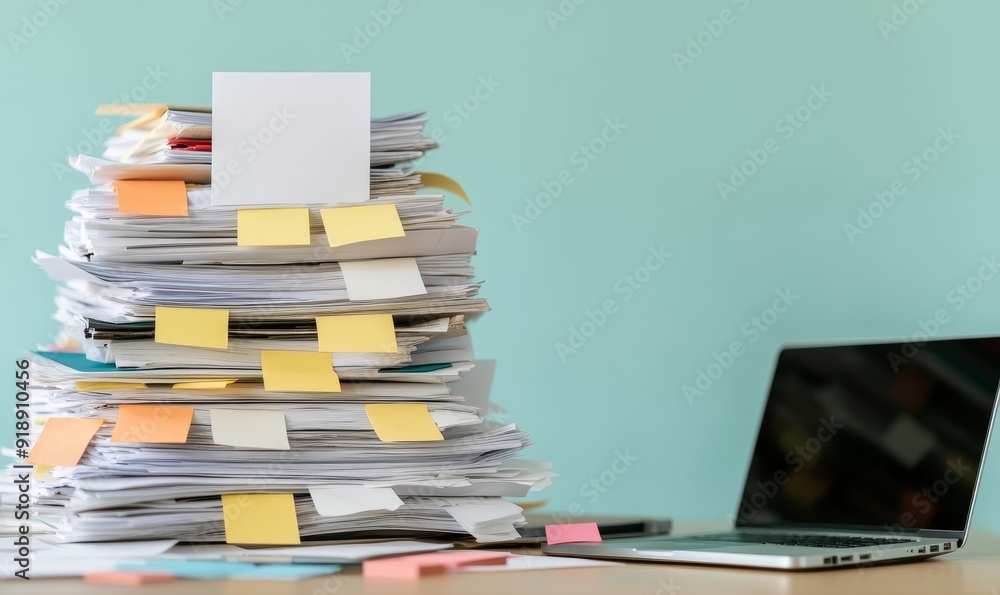Aufkleber large stack of paper documents with sticky notes and laptop on desk - business office organization a