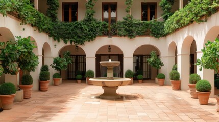 Obraz premium A serene courtyard featuring elegant arches, lush greenery, and a beautiful central fountain, perfect for relaxation and inspiration.