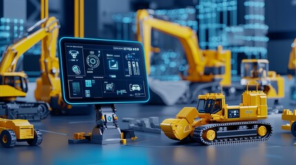 Fototapeta premium Digital Control Panel and Miniature Excavators: A Glimpse into Future Construction Automation