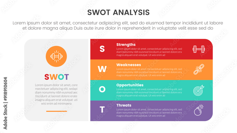 Poster swot analysis concept infographic template banner with big round box and vertical stack point with 4