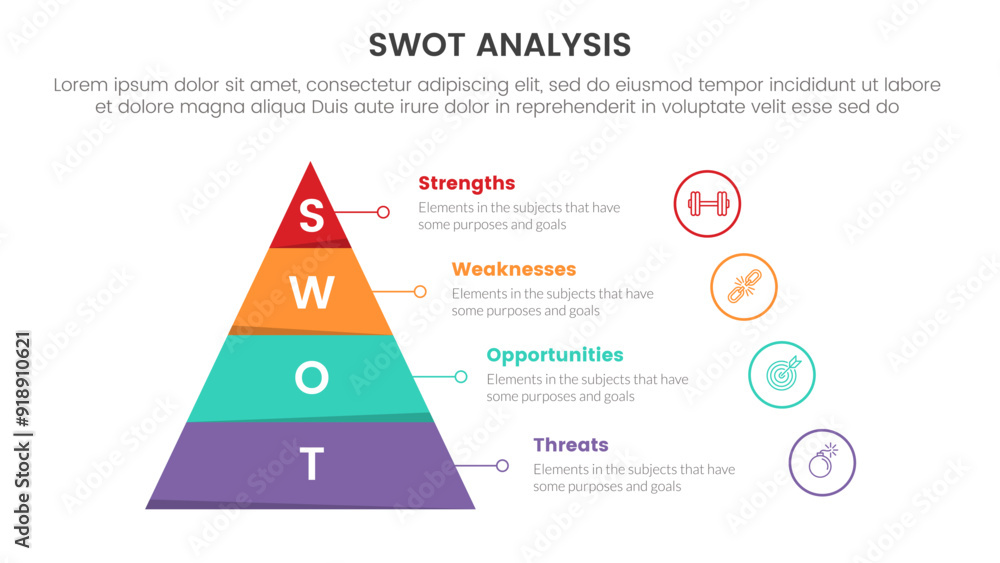 Poster swot analysis concept infographic template banner with pyramid shape and outline circle stack with 4