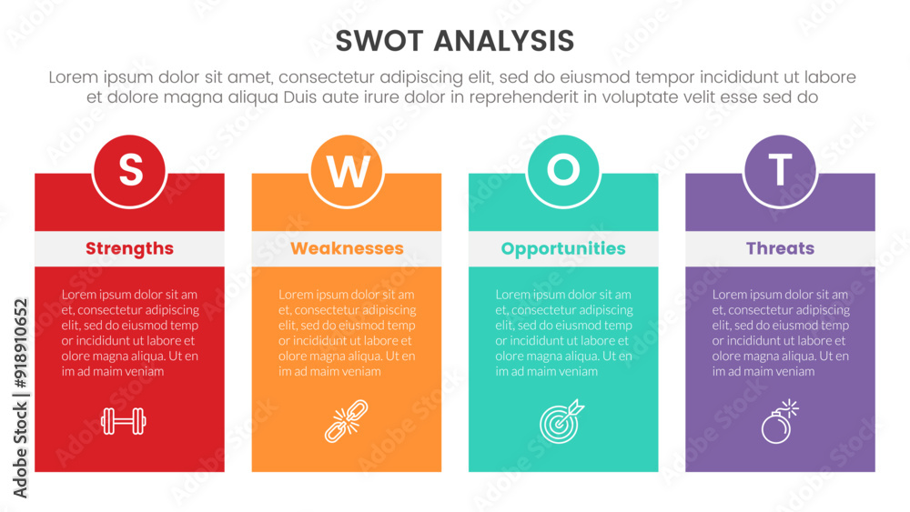 Poster swot analysis concept infographic template banner with box table with header badge and circle with 4