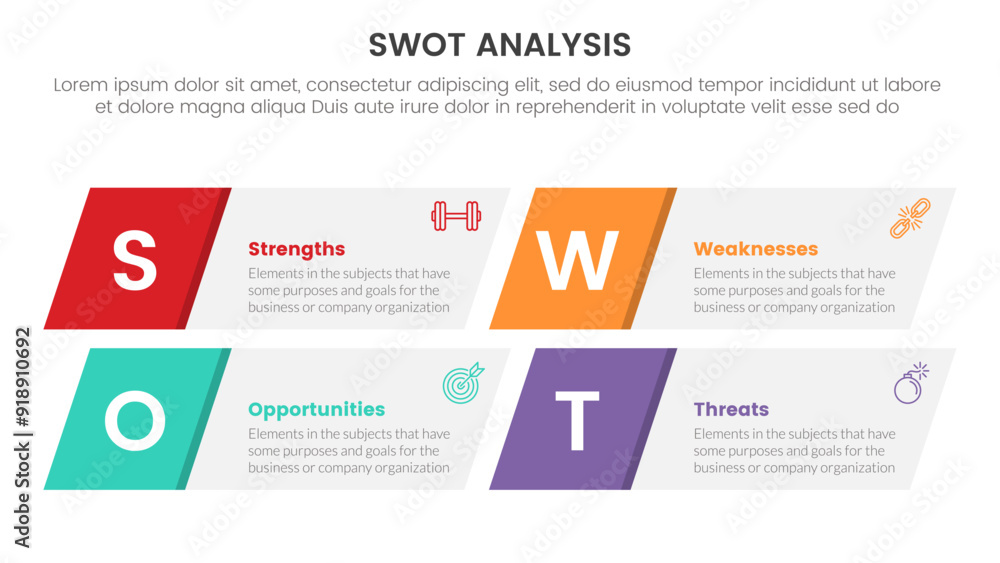 Poster swot analysis concept infographic template banner with skew rectangle box with 4 point list informat