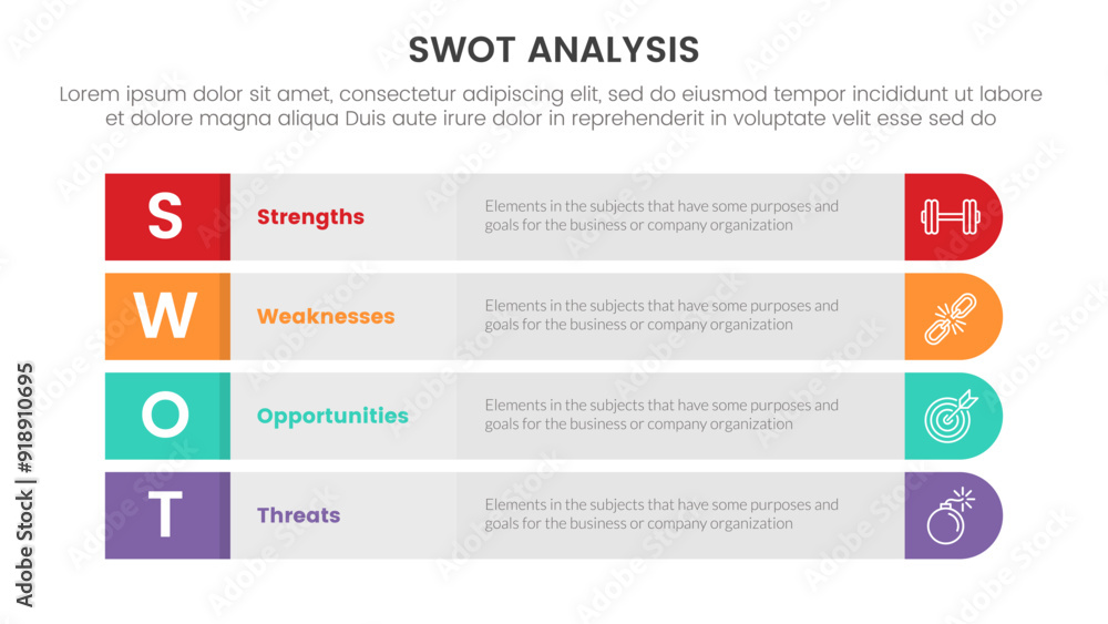 Aufkleber swot analysis concept infographic template banner with long round rectangle box vertical structure w