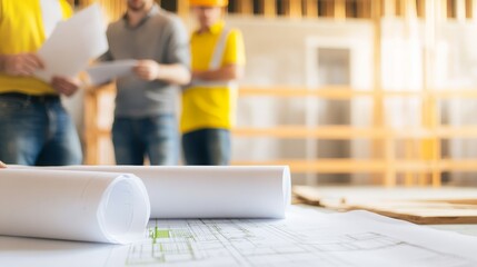 construction site blueprints focus on architecture plans with workers in background.