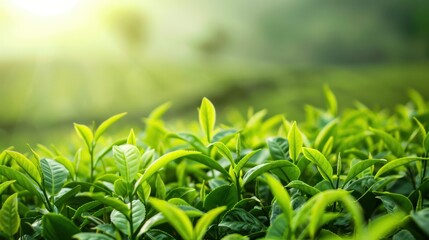 Green tea leaves at tea plantation in morning light. Nature background.