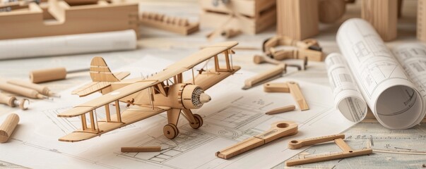 A detailed wooden model airplane surrounded by crafting tools and blueprints, showcasing intricate design and craftsmanship.