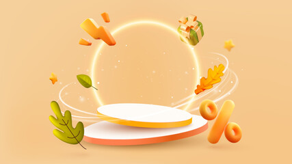 Autumn sale podium with falling leaves, discount tags. Empty pedestal, Fall sale advertising banner. Thanksgiving or seasonal marketing materials. Vector illustration. 3D design.