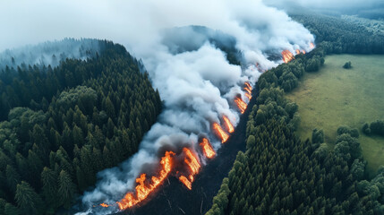 Aerial view of a forest fire with large flames and thick smoke, burning through dense green forested area and moving towards an open grassland.