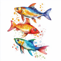 Watercolor Art Colorful fish on white background for t-shirt design. Hand Painted Clip Art Design Element for Labels, Business Cards, Flyers.