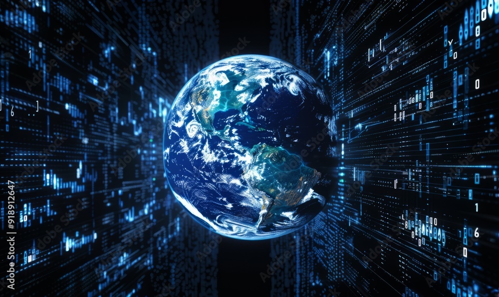 Poster globe surrounded by digital code and binary