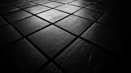 Wet Black Tile Floor with Light Reflection