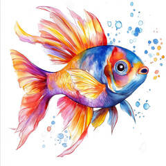 Fototapeta premium Watercolor Art Colorful fish on white background for t-shirt design. Hand Painted Clip Art Design Element for Labels, Business Cards, Flyers.