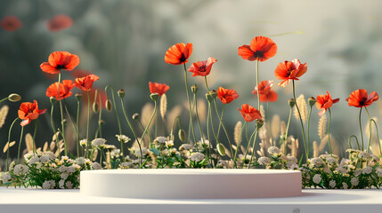 Podium in the flower background, Studio podium for product advertising, Stage stand, Blank podium, Display platform, natural podium for product presentation
