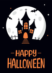 Happy Halloween. Spooky house with full moon in the background.