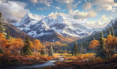 Majestic mountain peaks dusted with early snow, slopes ablaze with autumn hues, rivers winding through valleys, capturing the essence of fall's beauty