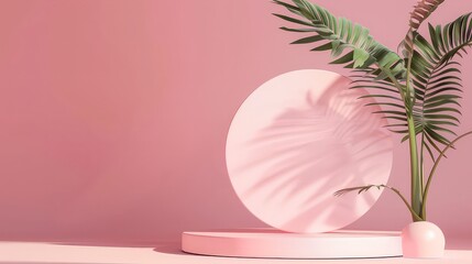 Pink podium and background with monstera for product presentation