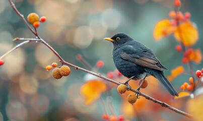Male Blackbird With A Berry In His Beak