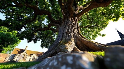 Ancient yew tree in churchyard, twisted trunk, mystical aura