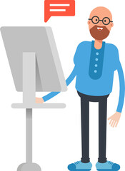 Bald Man Character Working on Computer
