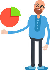 Bald Man Character Holding Pie Chart
