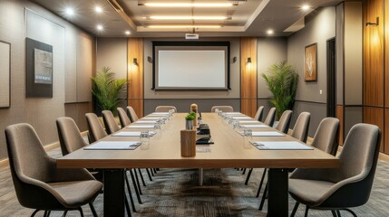 Modern conference room with a large table, comfortable chairs, and a digital projector for presentations
