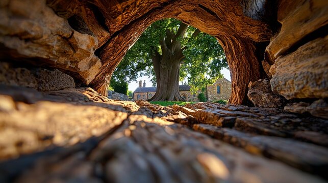 Ancient yew tree in churchyard, hollowed trunk, mystical aura